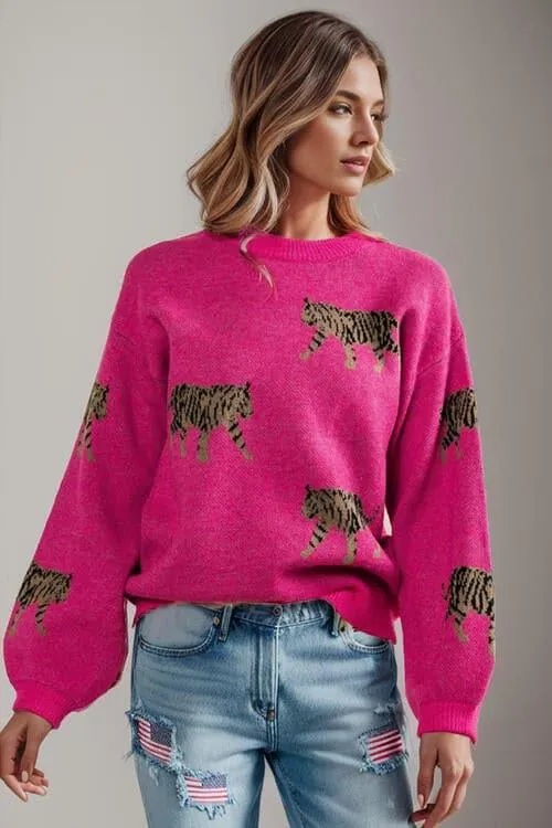 Avalynn Tiger Pattern Round Neck Drop Shoulder Sweater