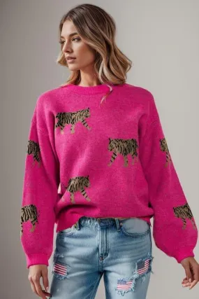 Avalynn Tiger Pattern Round Neck Drop Shoulder Sweater