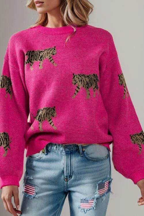 Avalynn Tiger Pattern Round Neck Drop Shoulder Sweater