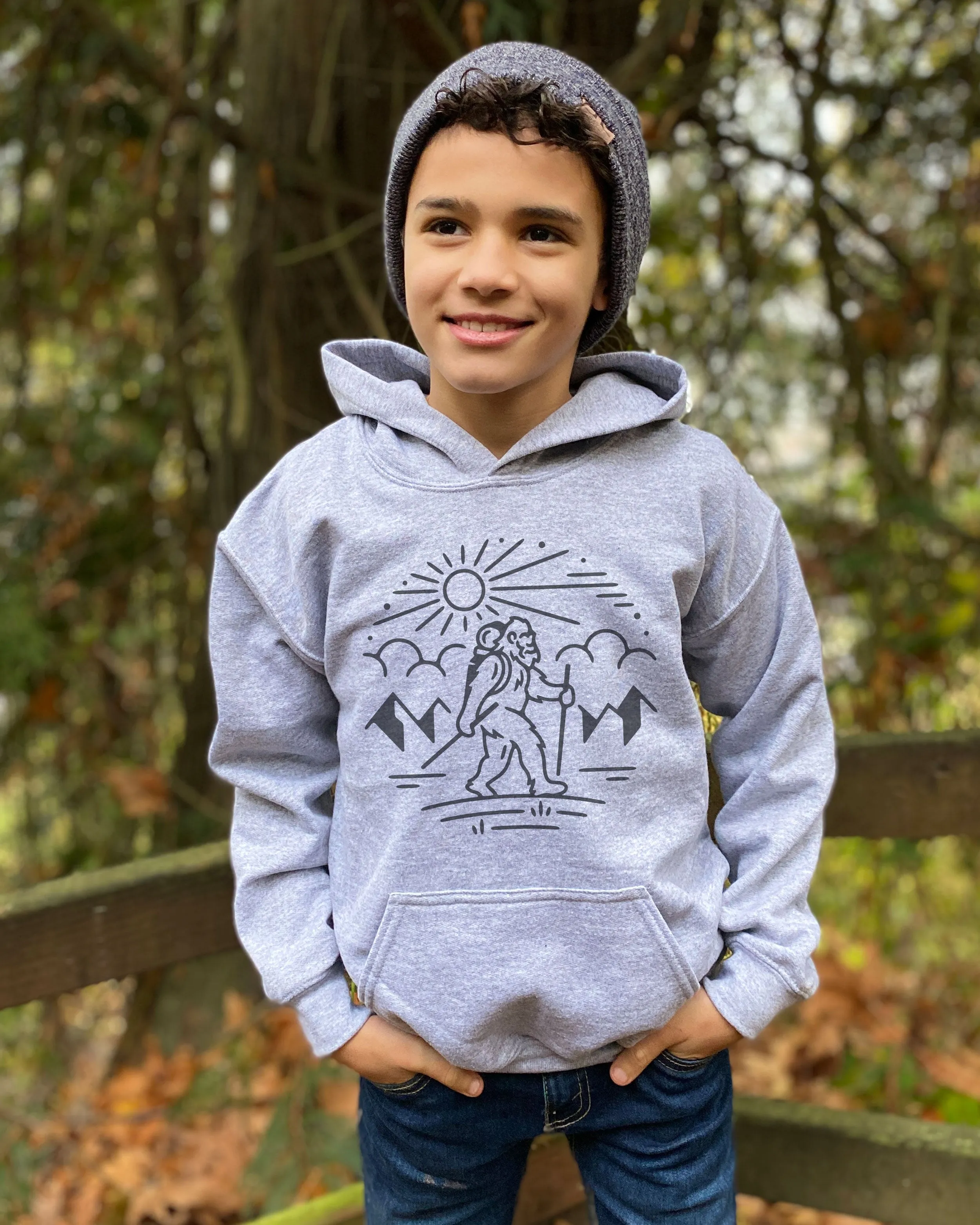 Bigfoot Hiking Kids Hoodies - Light or Dark Artwork