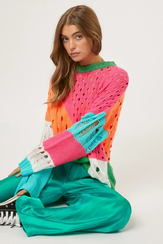 COLOR BLOCK DISTRESSED DETAIL PULLOVER SWEATER