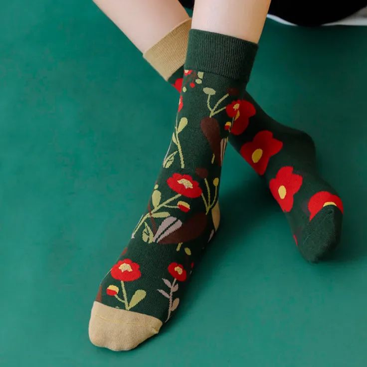 Crew Socks | Mismatched Socks - Flowers Green