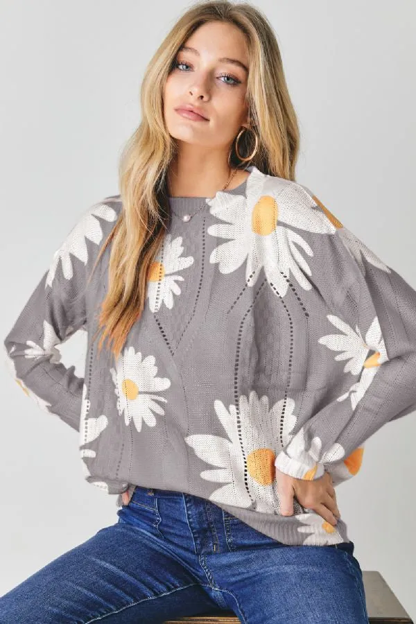 Davi & Dani Floral Print Crew Neck Loose Sweater