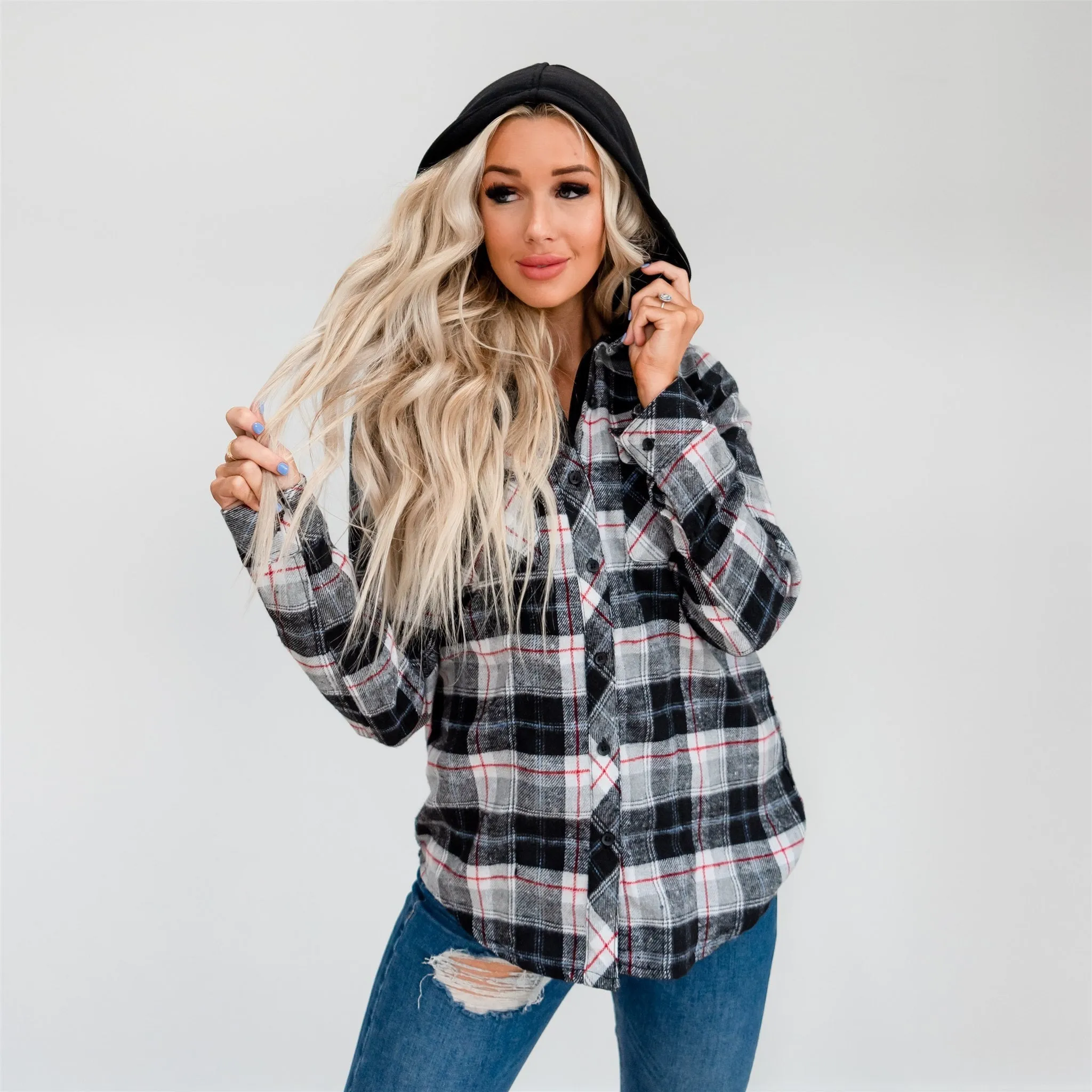 Flannel Hoodie: Ivory/Red Plaid