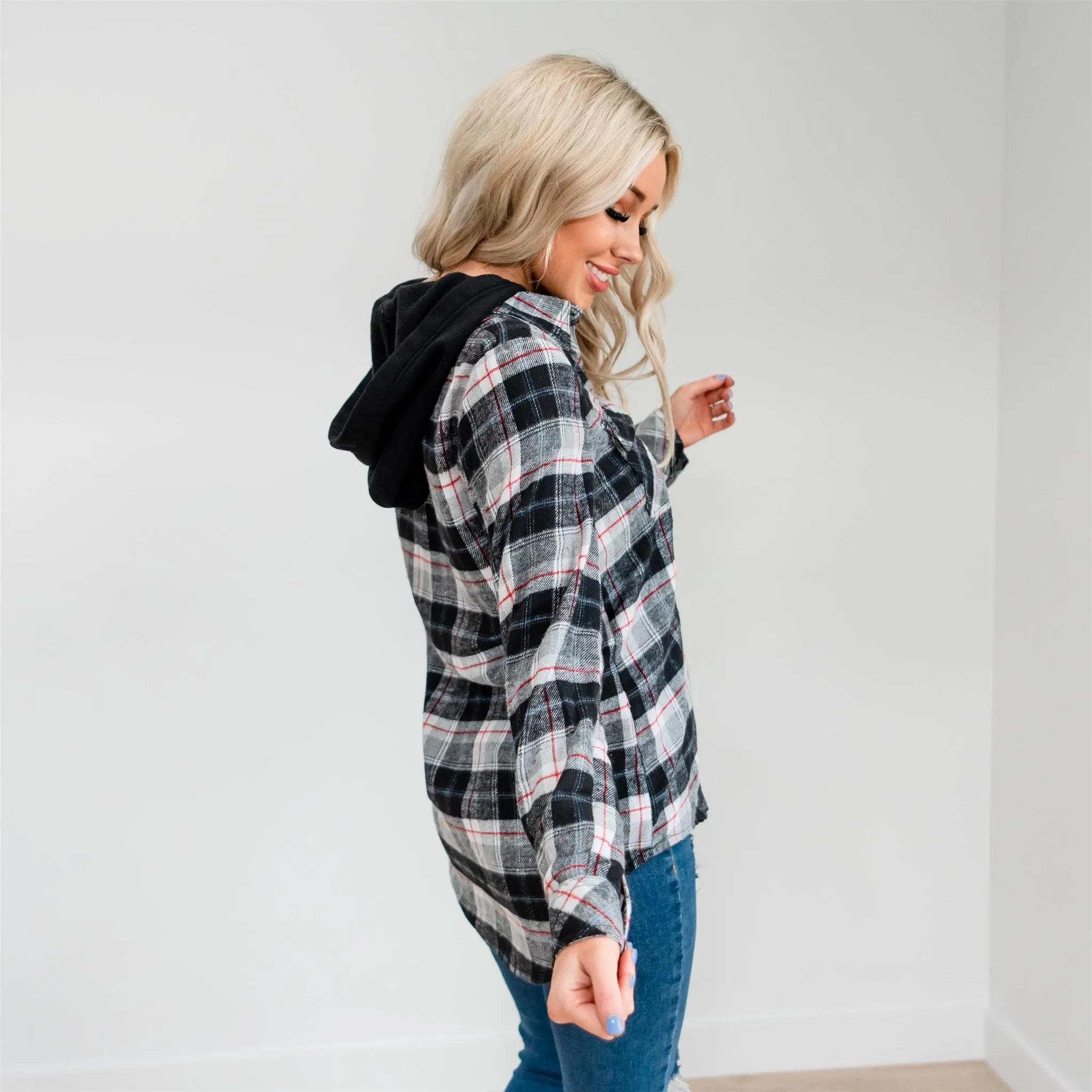 Flannel Hoodie: Ivory/Red Plaid