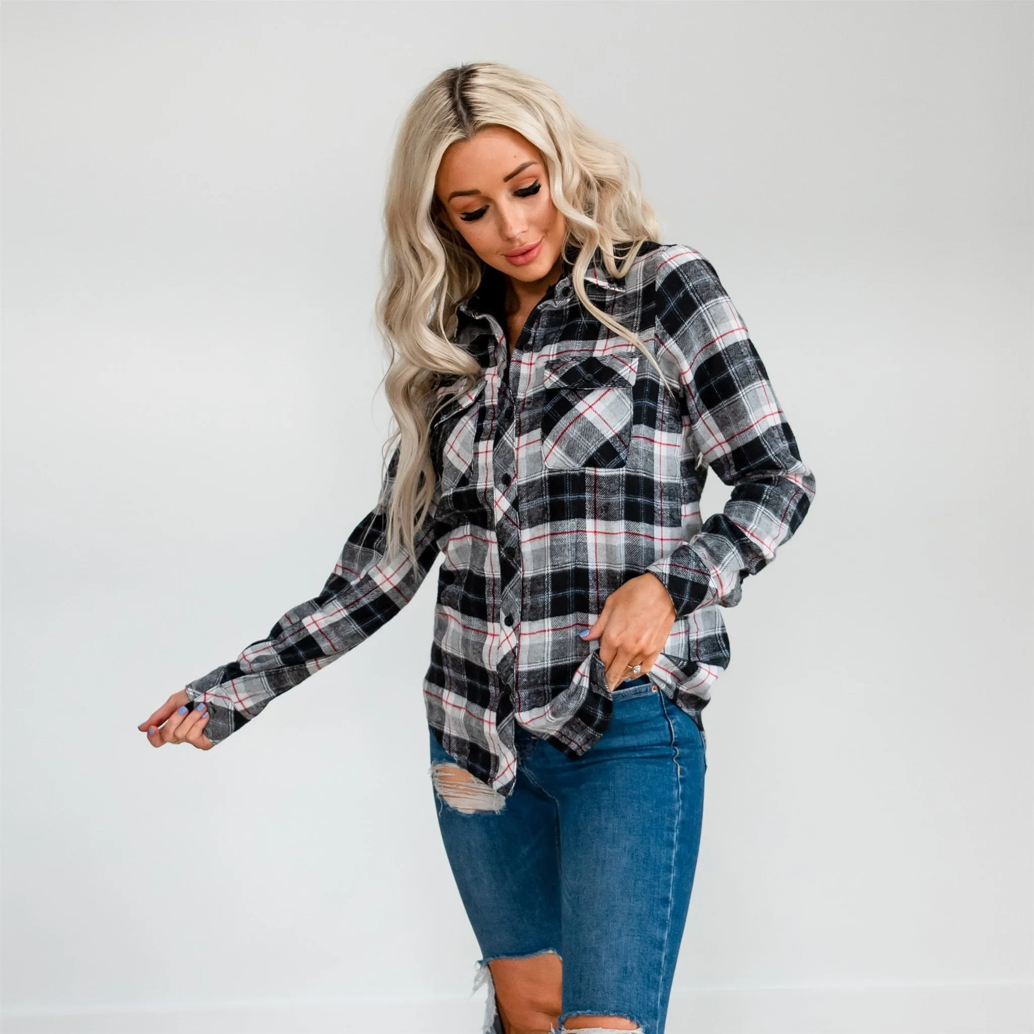 Flannel Hoodie: Ivory/Red Plaid