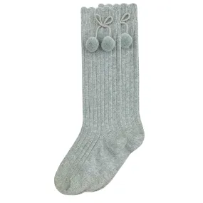 Girls Ribbed Gray Pom Pom Knee Socks