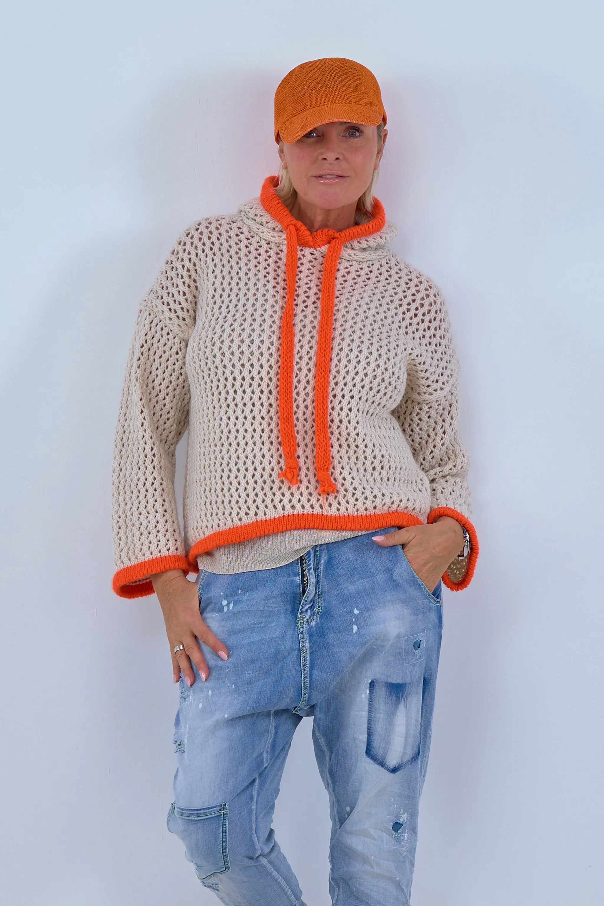 Grobgestrickter Hoodie, beige-orange