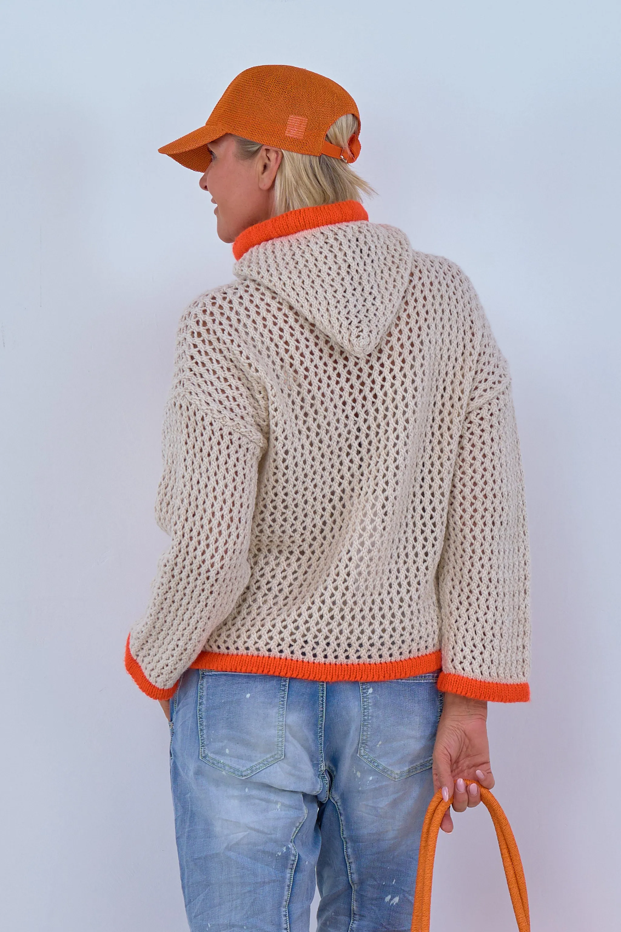 Grobgestrickter Hoodie, beige-orange