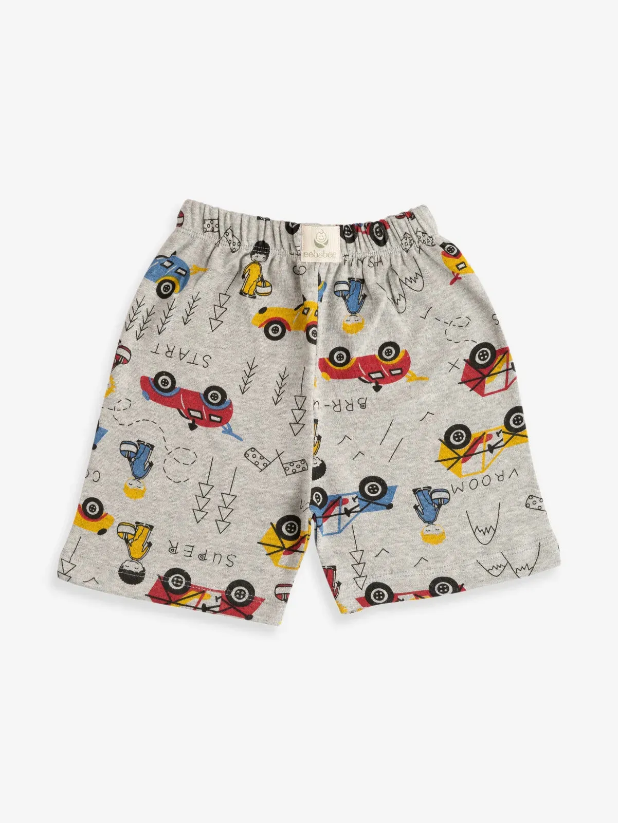 Half sleeve toy car graphic pattern in white t-shirt & shorts for baby