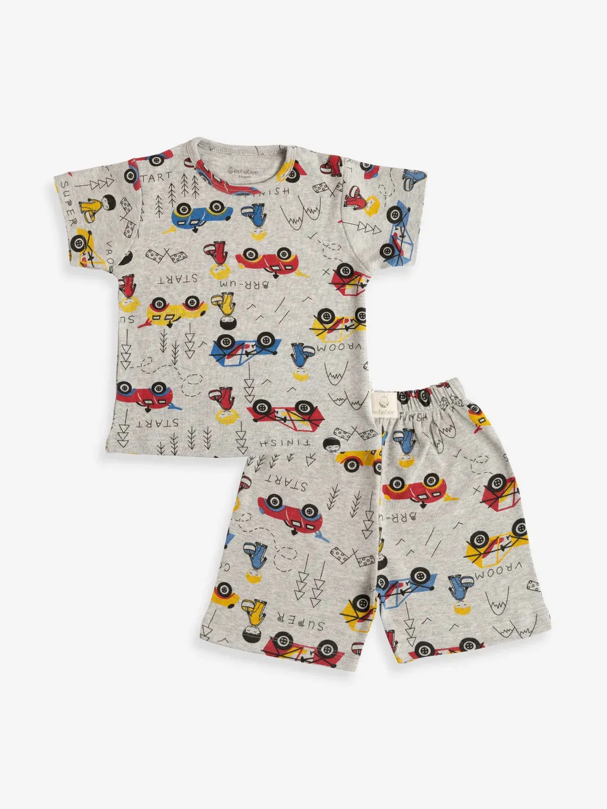 Half sleeve toy car graphic pattern in white t-shirt & shorts for baby