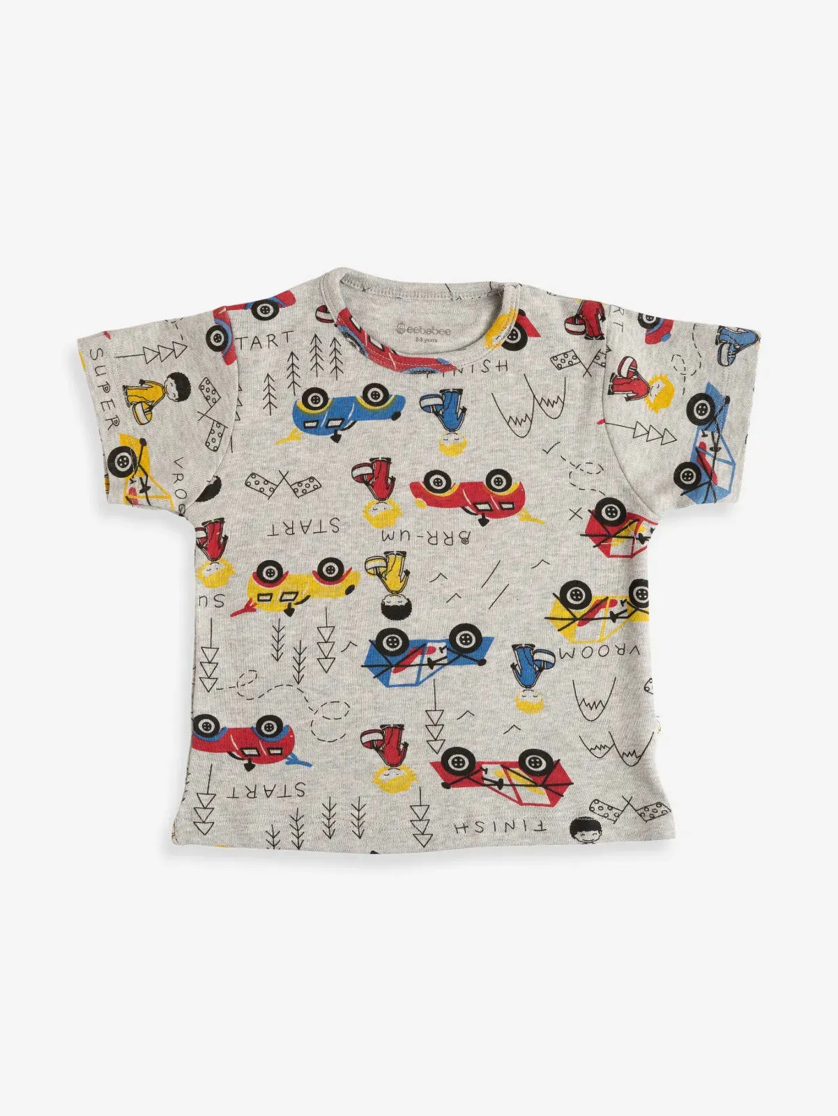 Half sleeve toy car graphic pattern in white t-shirt & shorts for baby