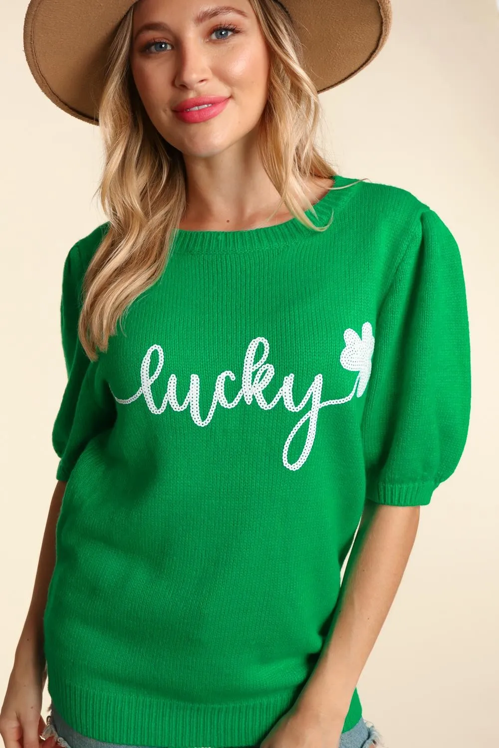 Lucky Shamrock Puff Sleeve Sweater