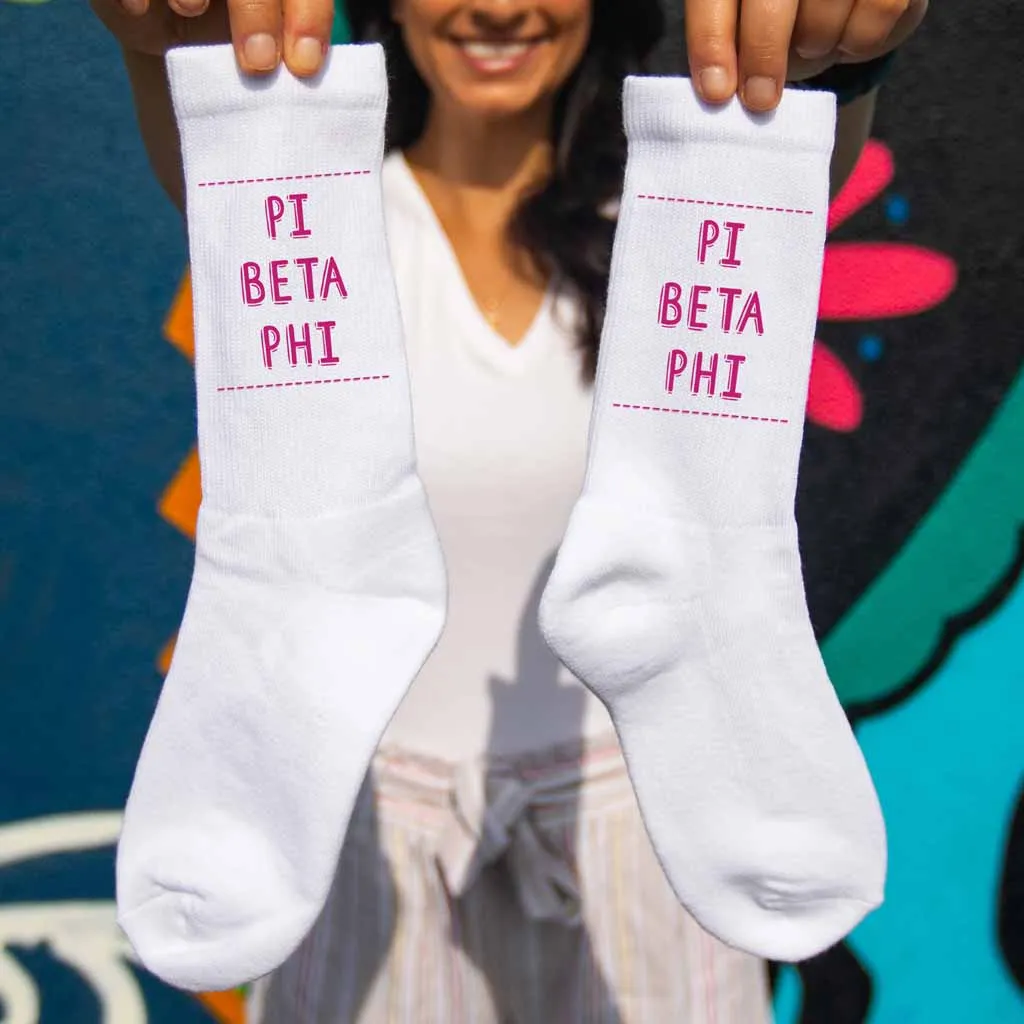 Pi Beta Phi Crew Socks with Pi Beta Phi Name in Sorority Colors