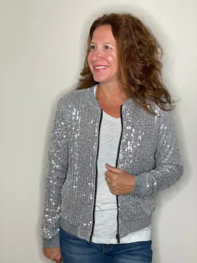 Sequin Bomber Jacket in Silver