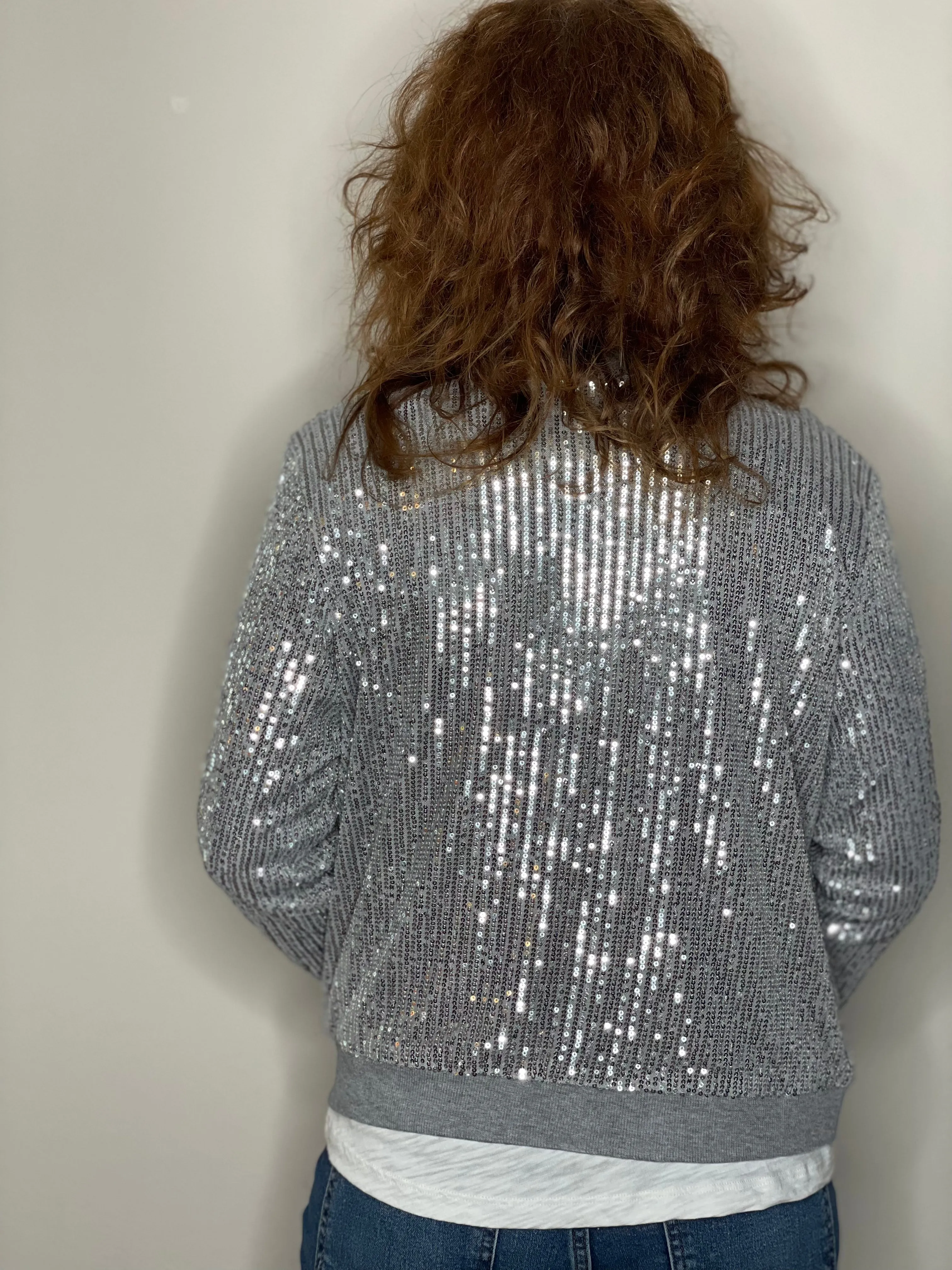 Sequin Bomber Jacket in Silver