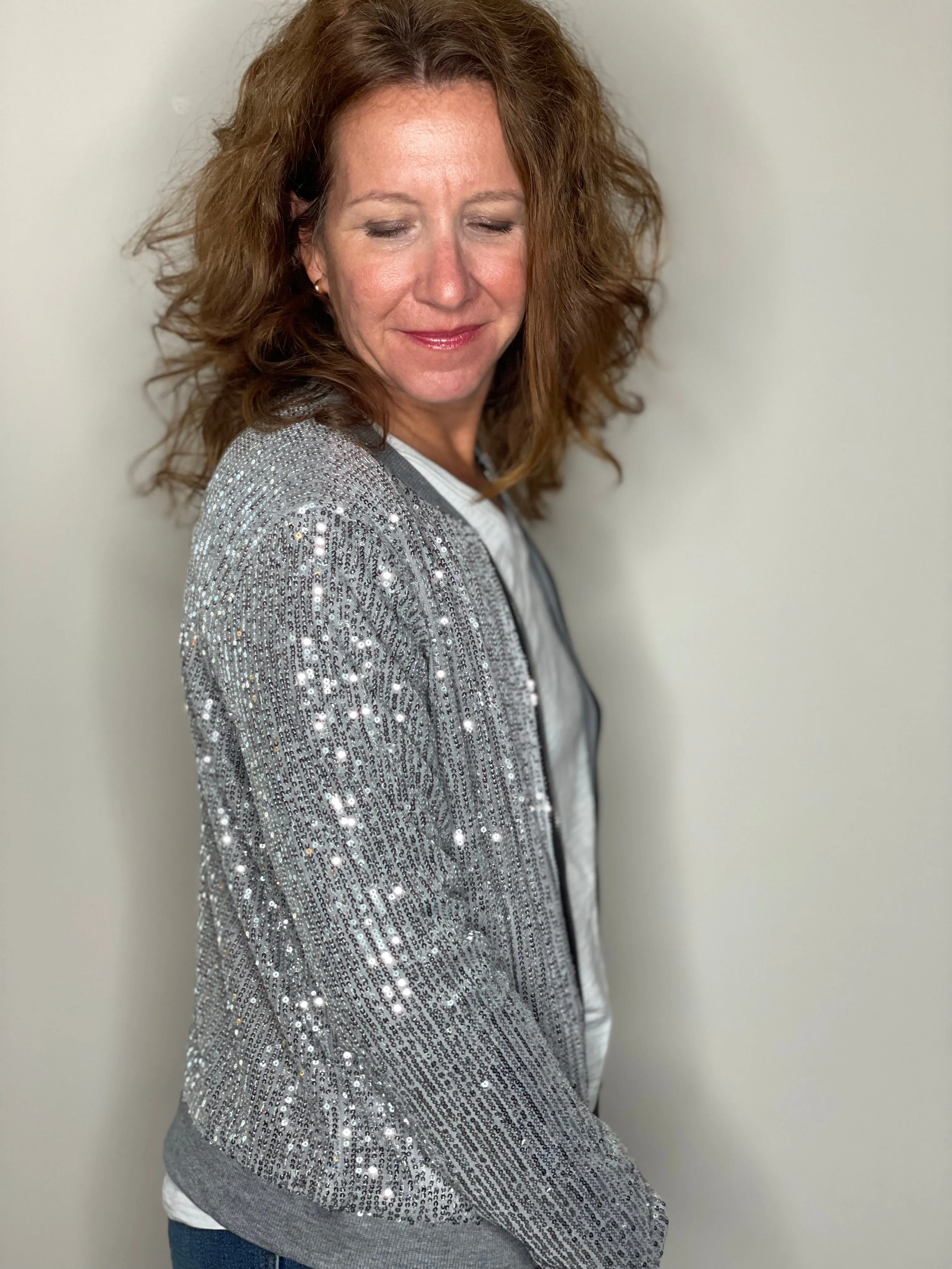 Sequin Bomber Jacket in Silver