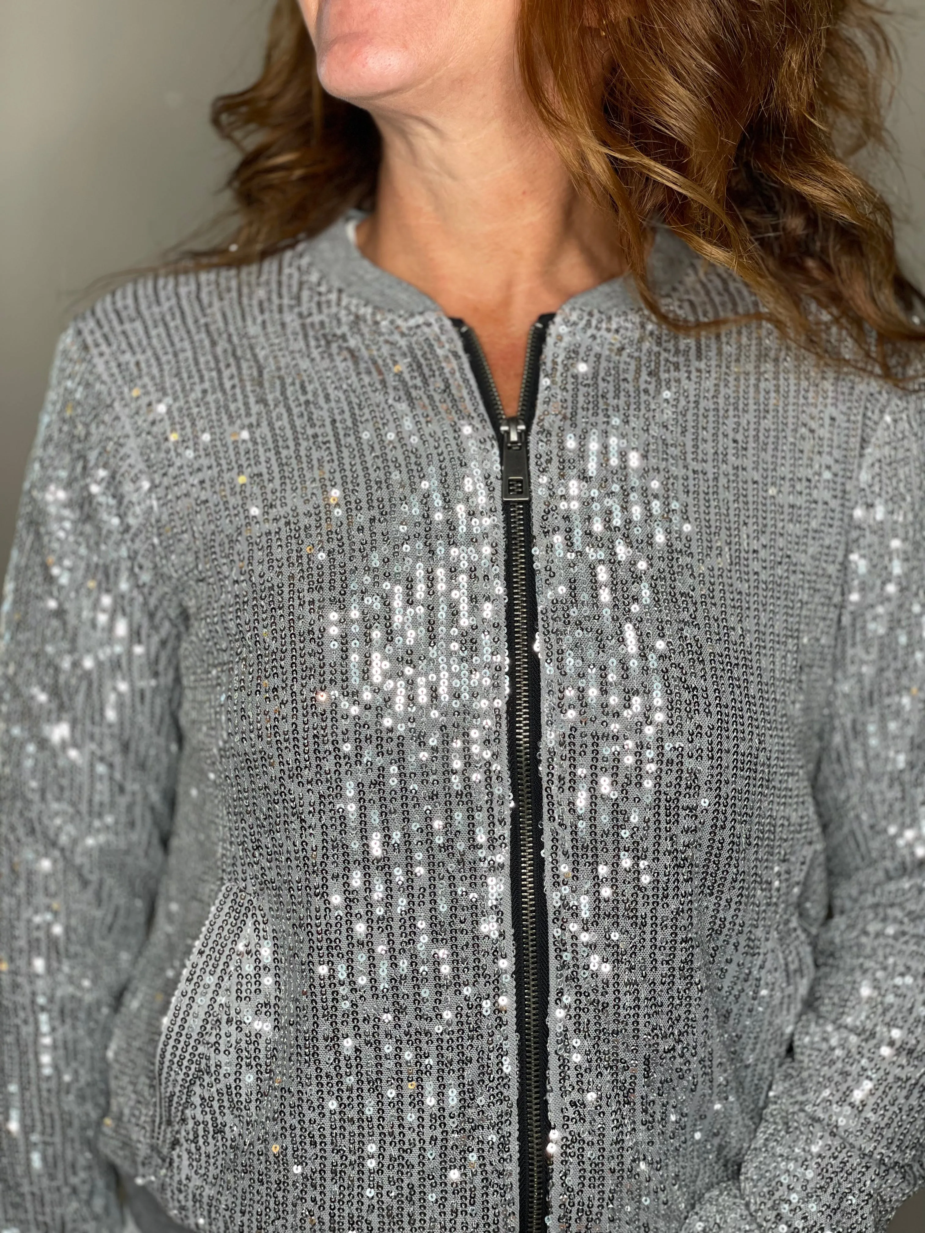 Sequin Bomber Jacket in Silver