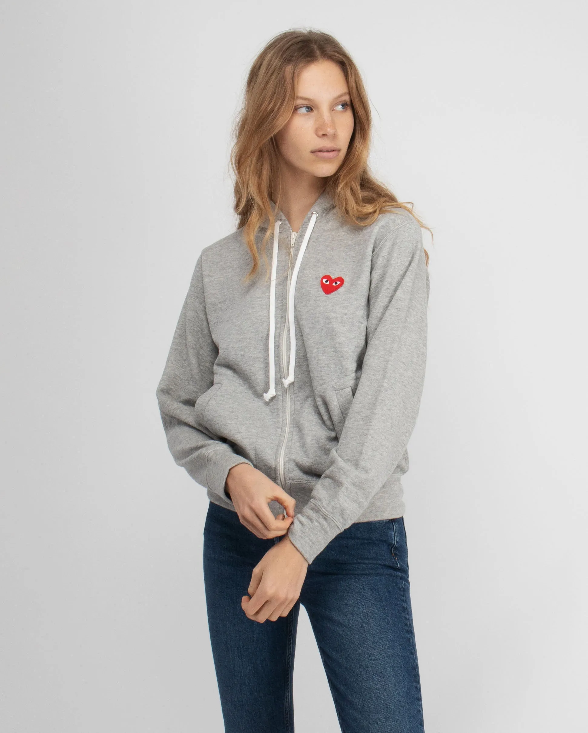 T167 RED HEART ZIP UP HOODIE / GREY