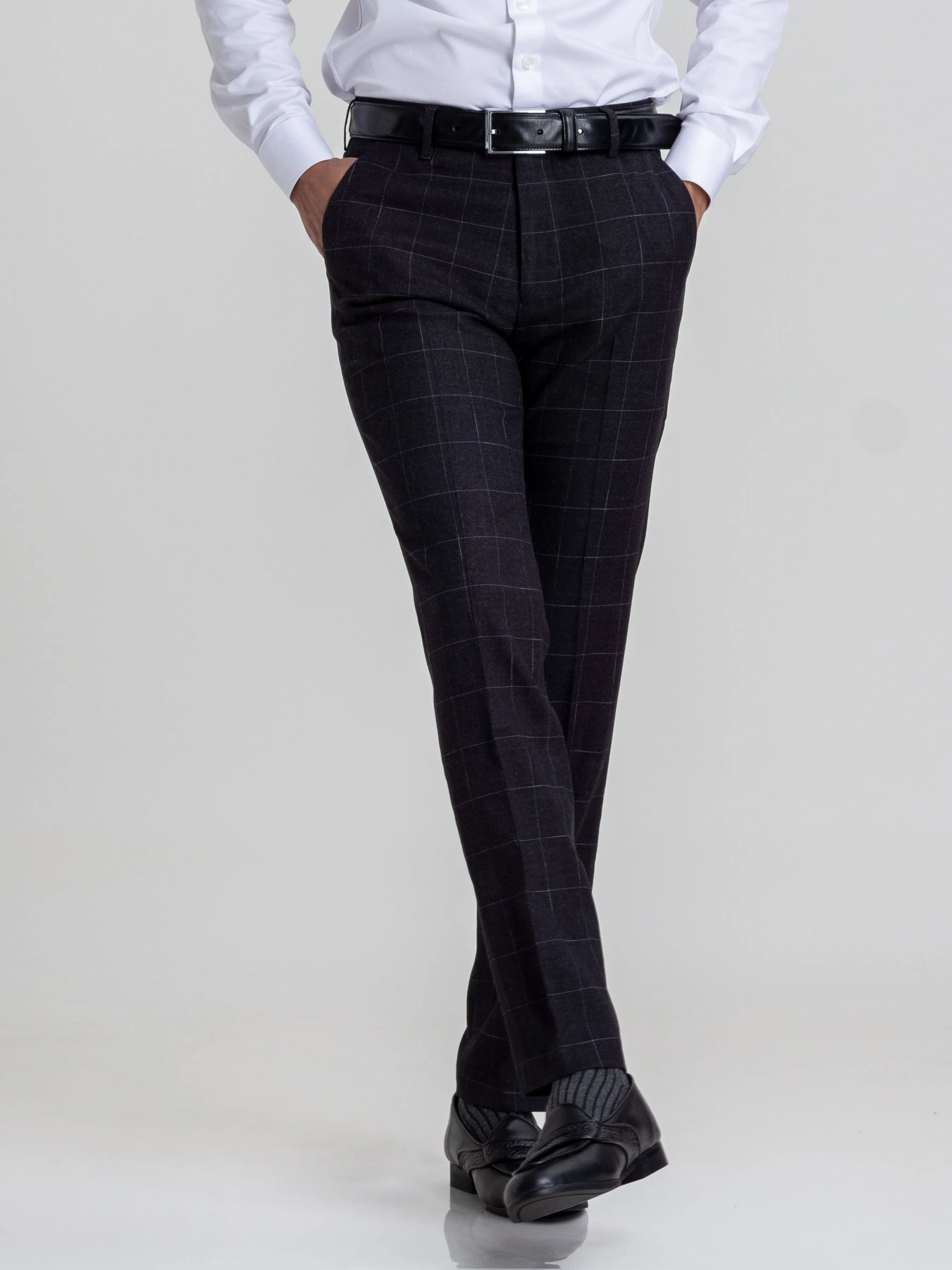 Trousers With Belt Loop -  Black Charcoal Windowpane Checkered (Stretchable)