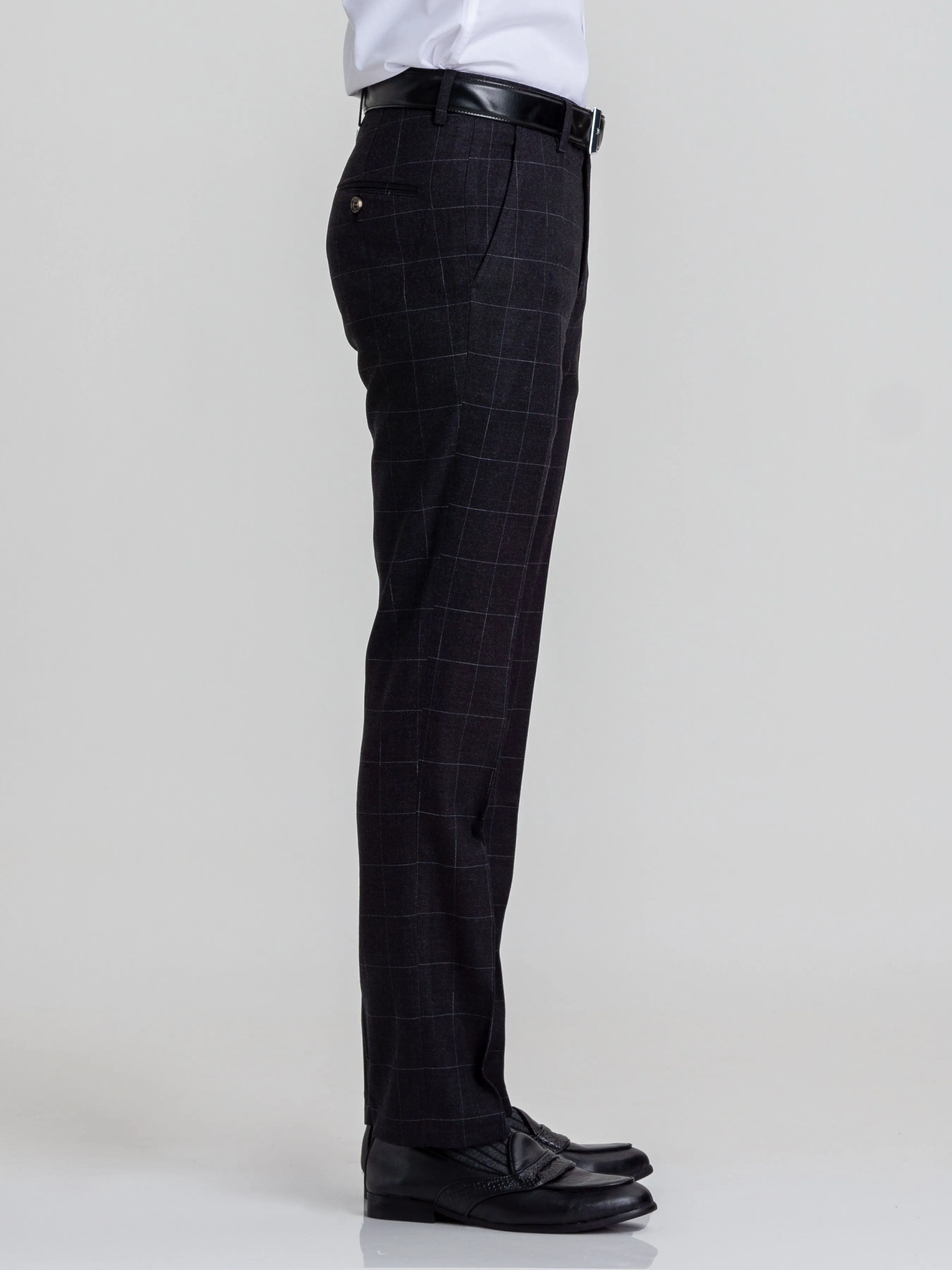 Trousers With Belt Loop -  Black Charcoal Windowpane Checkered (Stretchable)