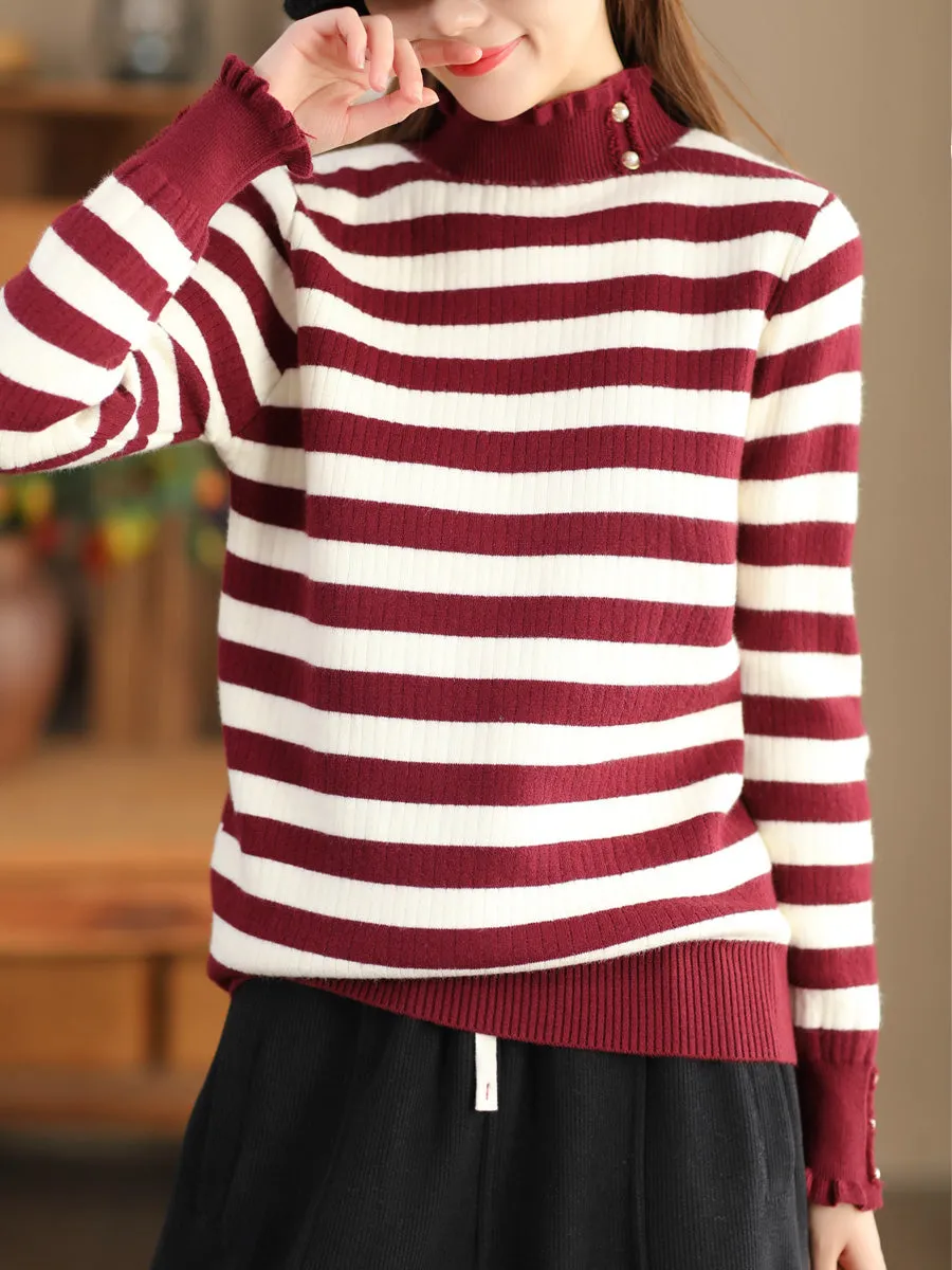 Women Casual Winter Stripe Knitted Lacework Sweater