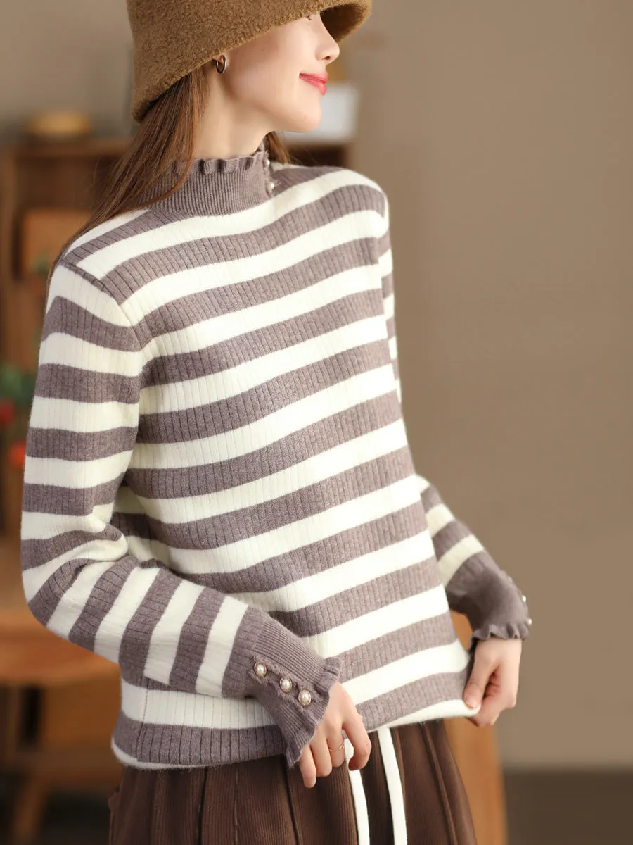 Women Casual Winter Stripe Knitted Lacework Sweater